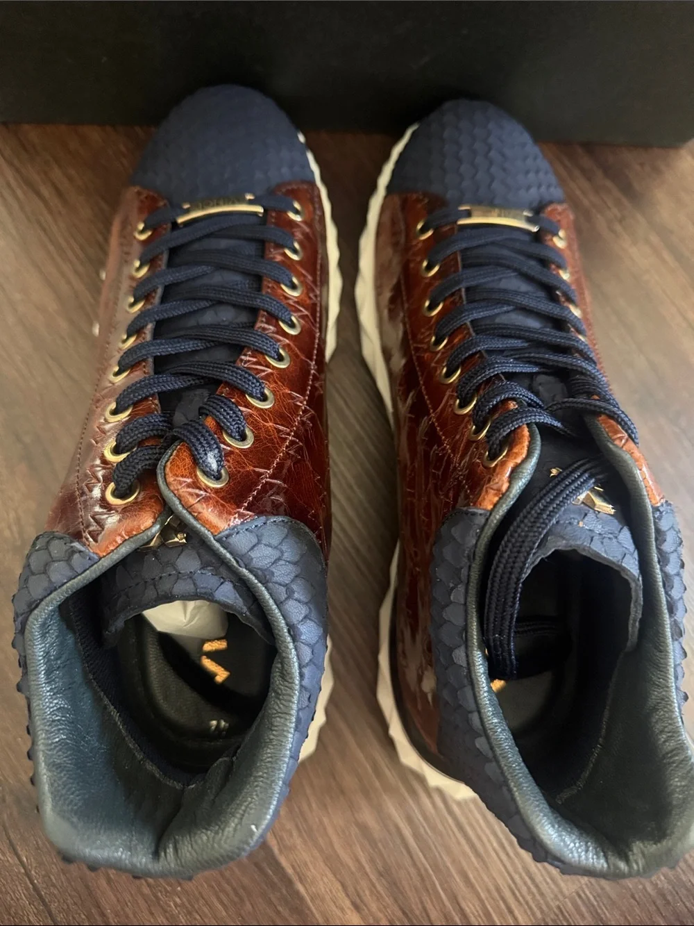 Vinci Leather The Caesars Brown & Navy Leather High-Top Men Sneaker